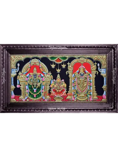 Thayar Balaji with Lakshmi Tanjore painting featuring gold work, traditional temple arches and prosperity symbolism